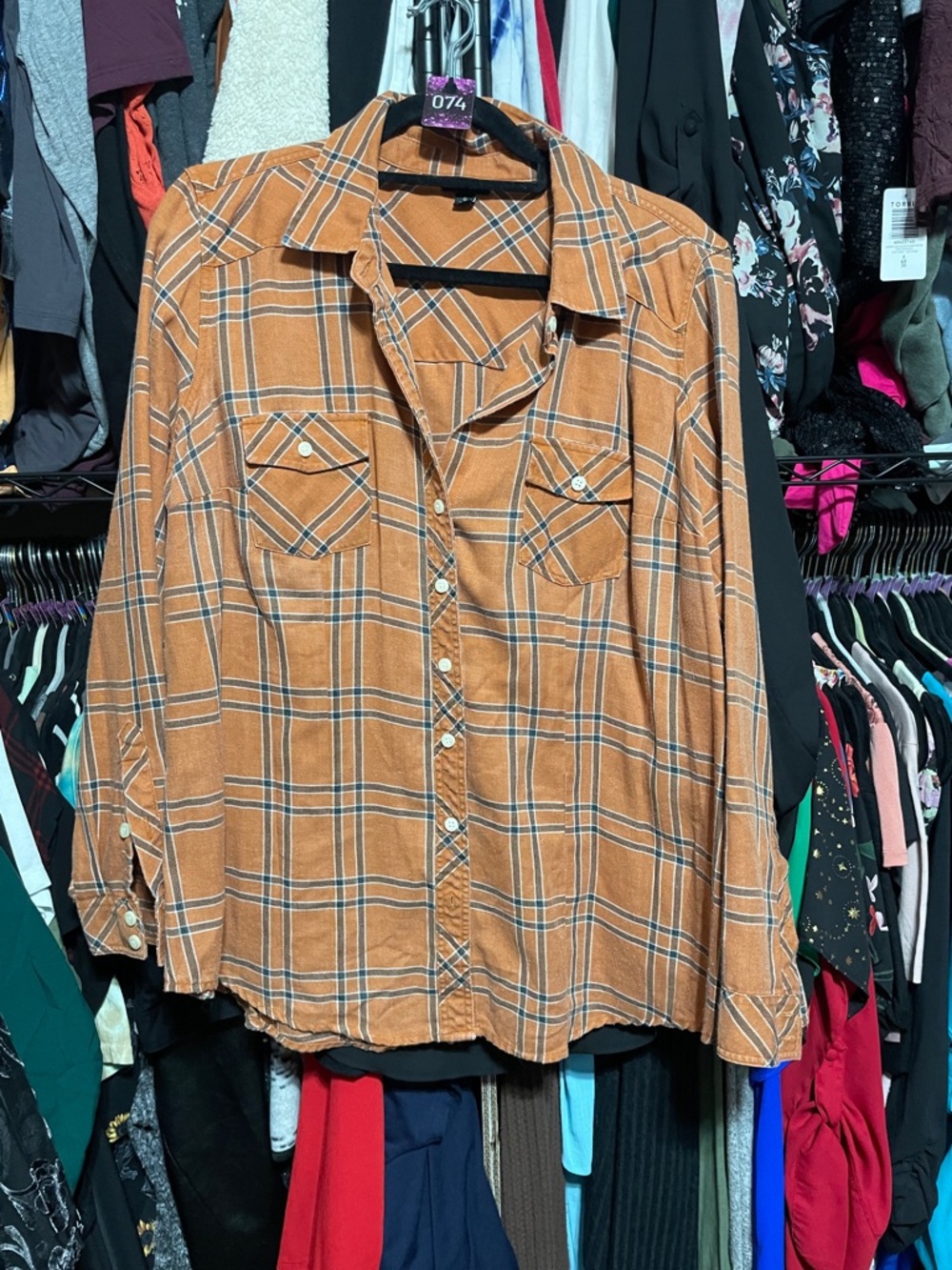 #074 size 0 torrid Rust Orange long sleeve Plaid Top